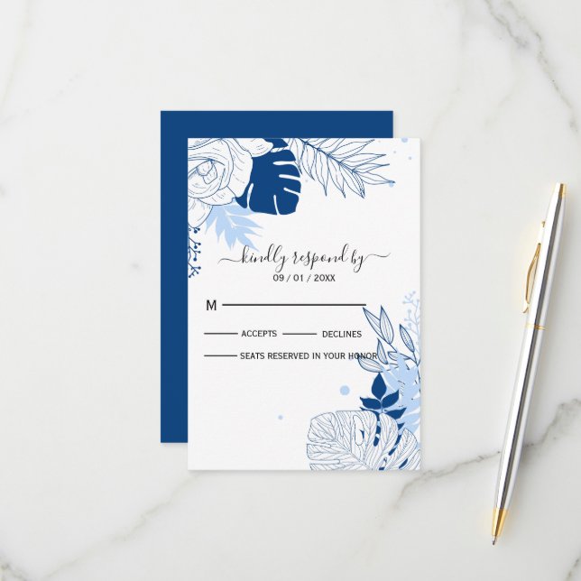Tropical Blue And White Leaves  RSVP Card (Front/Back In Situ)
