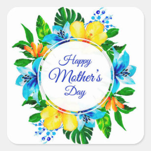 Tropical Blue and Yellow Floral Happy Mother's Day Square Sticker