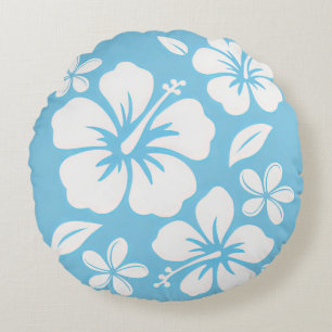 Tropical Blue Beach Flowers Round Cushion