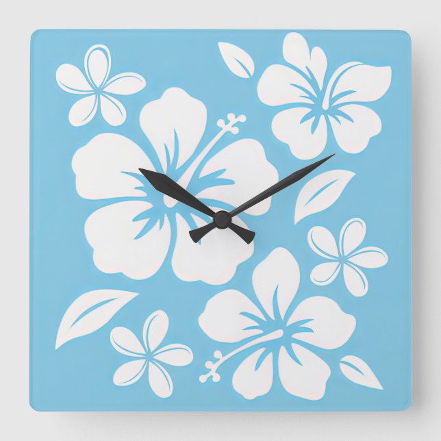 Tropical Blue Beach Flowers Square Wall Clock (Front)