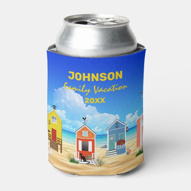Tropical Blue Beach Sky and Sand Family Name Can Cooler (Can Front)