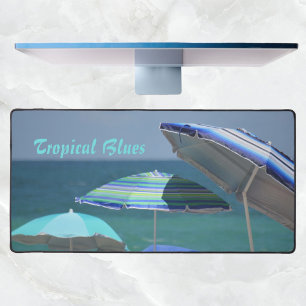 Tropical Blue Beach Umbrellas Photographic Beachy Desk Mat