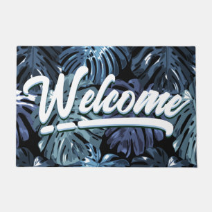 Tropical Blue Black Palm Leaves Welcome  Doormat