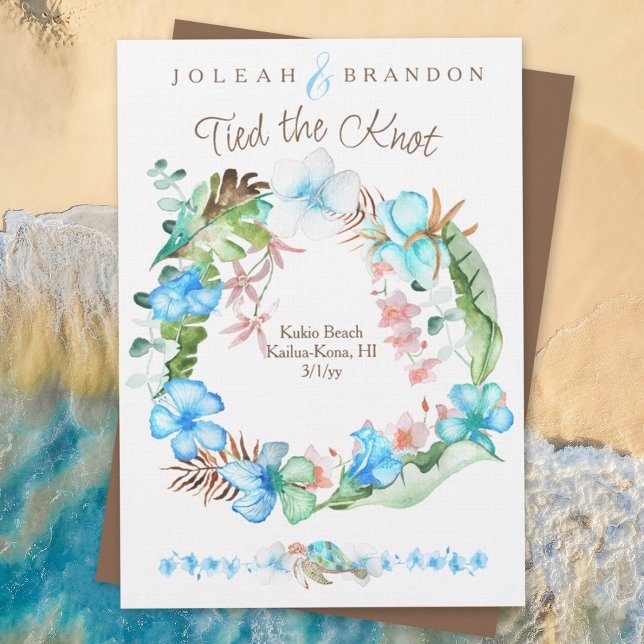 Tropical Blue Brown Green Hibiscus Elopement Invitation (elopement, beach wedding, blue tropical wedding, floral hibiscus flowers, we tied the knot)