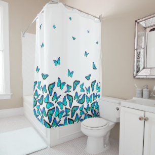Tropical Blue Butterflies Pattern Fading to White Shower Curtain