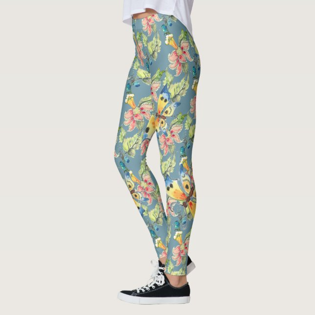 Tropical Blue Butterfly Exotic Flower Pattern Leggings (Left)