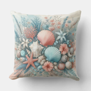 TROPICAL BLUE & CORAL UNDER SEA SEASHELLS CUSHION