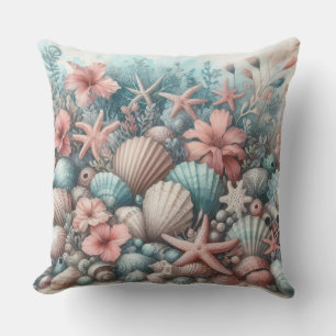 TROPICAL BLUE & CORAL UNDER SEA SEASHELLS CUSHION