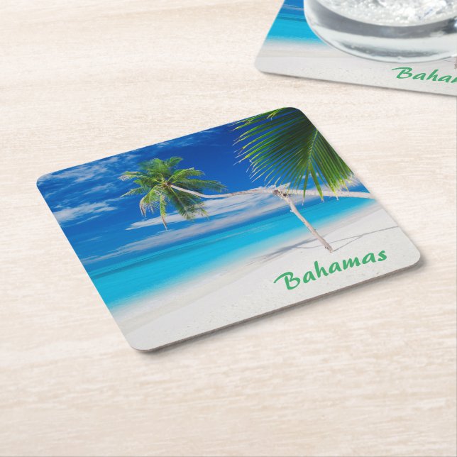 Tropical Blue Exotic Bahamas Beach Palms Square Paper Coaster (Angled)
