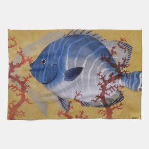 Tropical Blue Fish Vintage Coral Marine Ocean Life Tea Towel