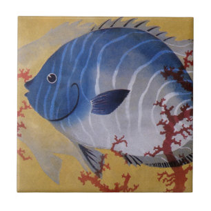 Tropical Blue Fish Vintage Coral Marine Ocean Life Tile