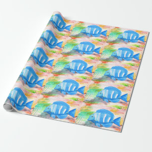 Tropical blue fish Watercolor Sea Ocean Wrapping Paper