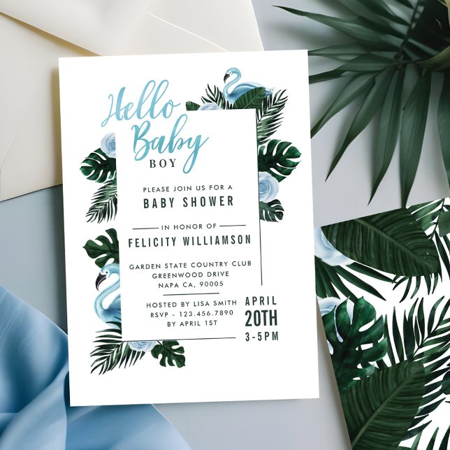 Tropical Blue Flamingo Rose Baby Shower Invitation (Tropical Blue Flamingo Rose Baby Shower Invitation)