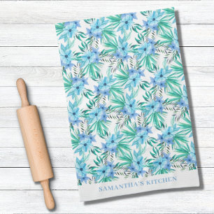 Tropical Blue Floral Name Kitchen Towels