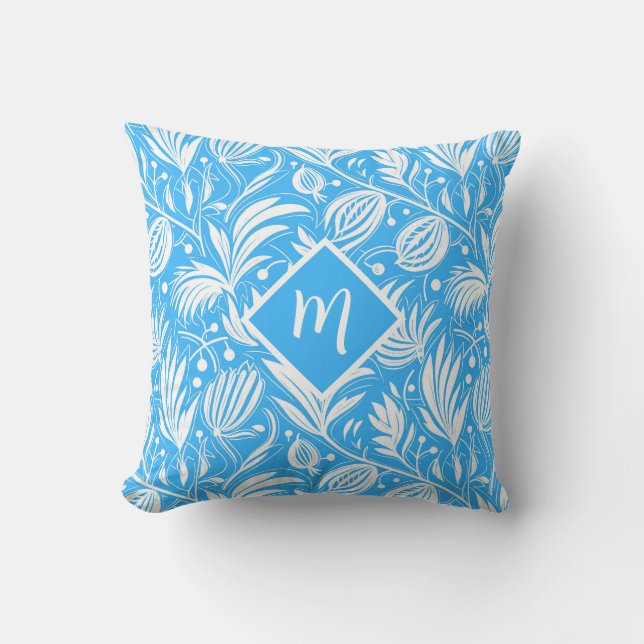 Tropical Blue Floral Pattern Diamond Monogram Cushion (Front)