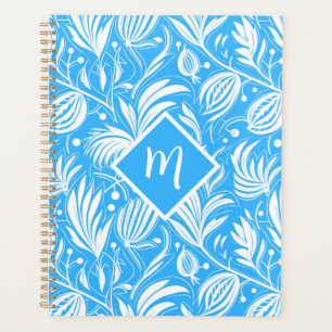 Tropical Blue Floral Pattern Diamond Monogram Planner