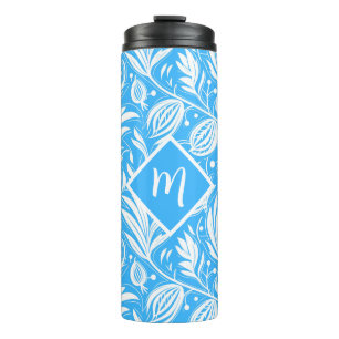 Tropical Blue Floral Pattern Diamond Monogram Thermal Tumbler