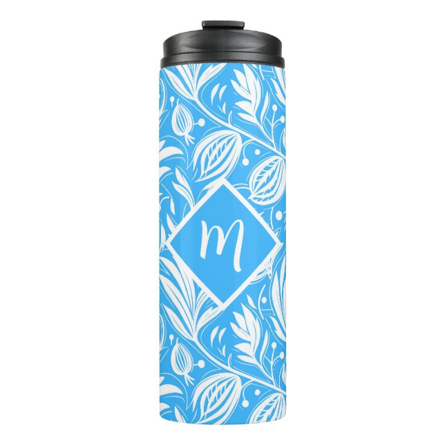 Tropical Blue Floral Pattern Diamond Monogram Thermal Tumbler (Front)