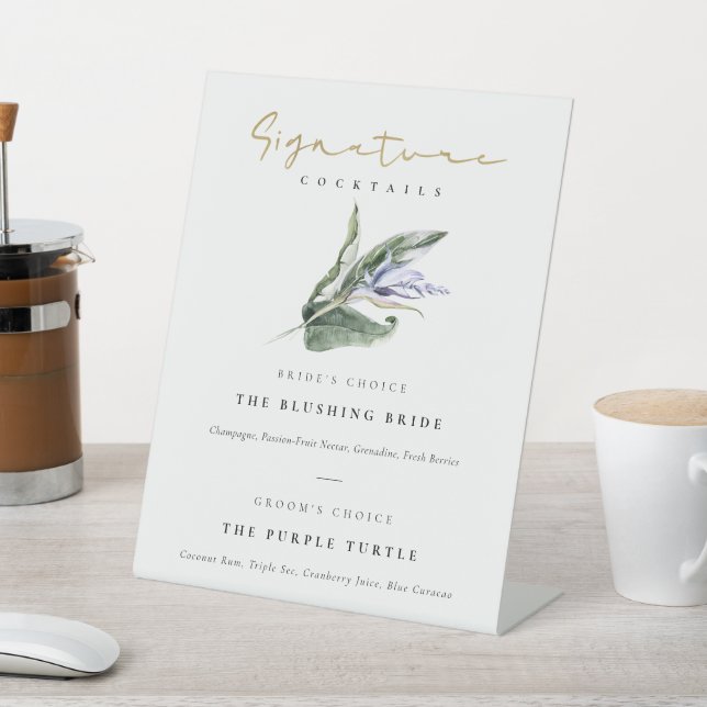 Tropical Blue Floral Signature Drinks Cocktails Pedestal Sign (In SItu)