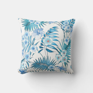 Tropical Blue Floral Throw Pillow