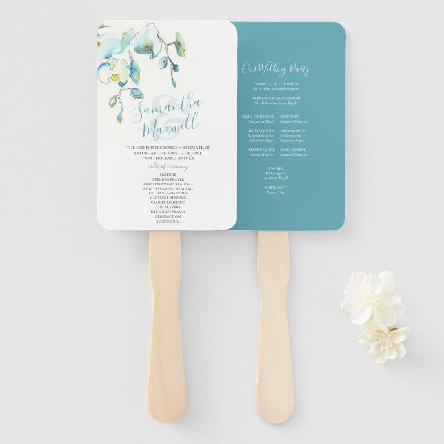 Tropical Blue Floral Wedding Program Fan (Front and Back)