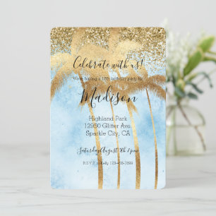 Tropical Blue Glitz Glitter Gold Palm Trees Invitation