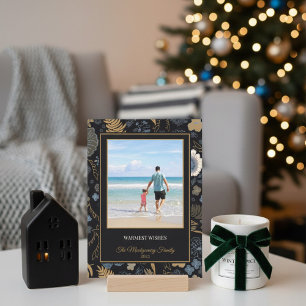 Tropical Blue Gold Elegant Floral Christmas Photo Holiday Card