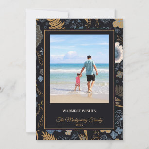 Tropical Blue Gold Flowers Warm Wishes Holiday Card