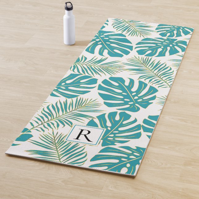 Tropical blue, gold leaves and monogram yoga mat (In Situ)