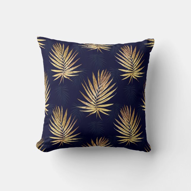 Tropical Blue Gold Palm Leaves Greenery Cushion (Front)
