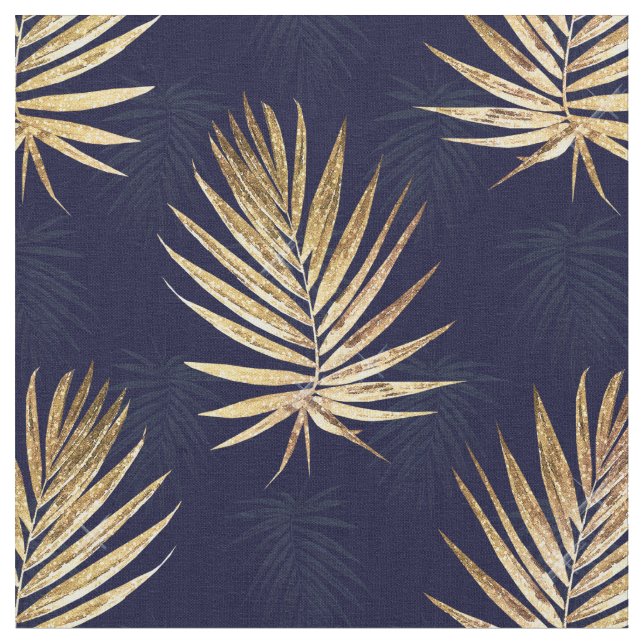 Tropical Blue Gold Palm Leaves Greenery Fabric (Close Up)