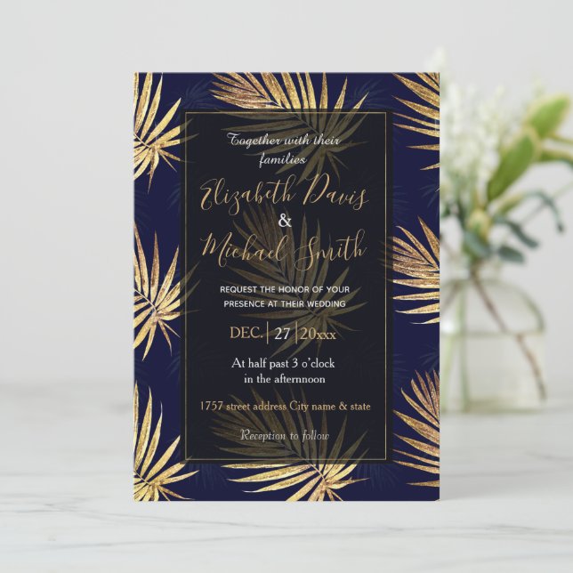 Tropical Blue Gold Palm Leaves Greenery Invitation (Standing Front)