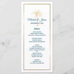 Tropical Blue Gold Palm Tree Beach Wedding Menu