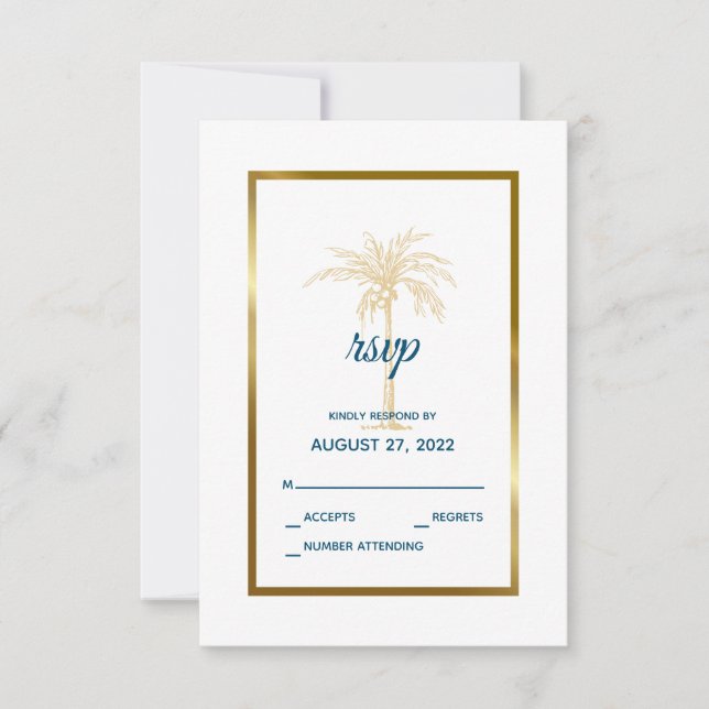 Tropical Blue Gold Palm Tree Beach Wedding RSVP Card (Front)