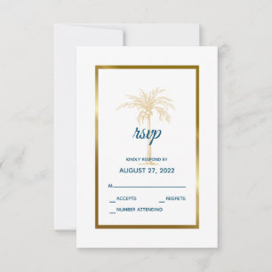 Tropical Blue Gold Palm Tree Beach Wedding RSVP Card