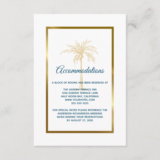 Tropical Blue Gold Palm Tree Wedding Accommodation Enclosure Card (Front)