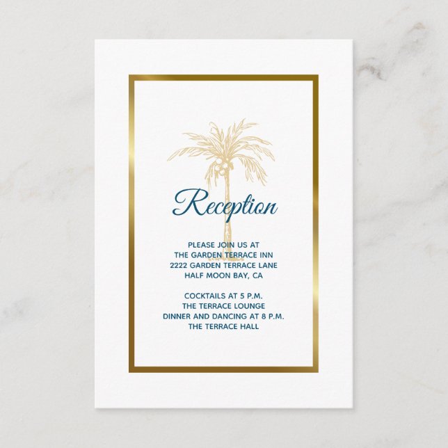Tropical Blue Gold Palm Tree Wedding Reception Enclosure Card (Front)