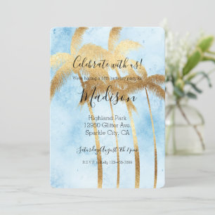 Tropical Blue Gold Palm Trees  Invitation