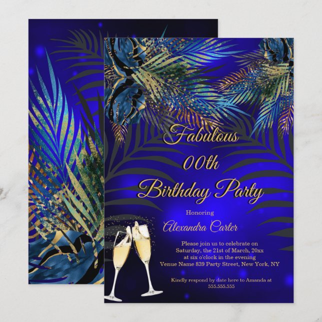 Tropical Blue Gold Palms Champagne Birthday Party  Invitation (Front/Back)