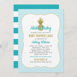 Tropical Blue Gold Pineapple Baby Boy Shower Luau Invitation