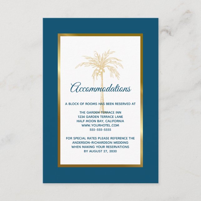 Tropical Blue Golden Palm Wedding Accommodation Enclosure Card (Front)