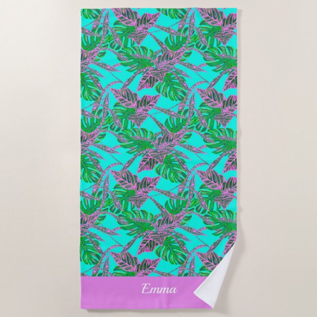 Tropical blue green name initial modern beach towel (Front)