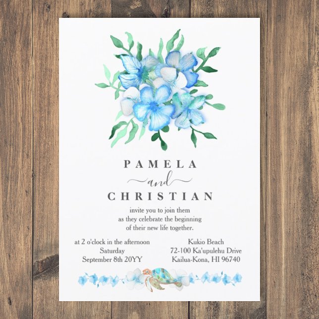 Tropical Blue Hibiscus Flowers Wedding Invitation (tropical blue wedding invitation with watercolor sea turtle, malibu blue, bahama blue tropical plant)