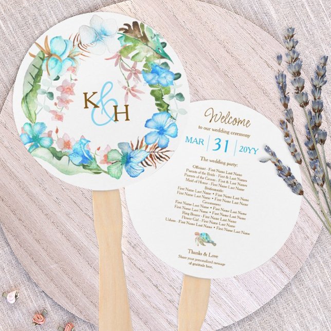 Tropical Blue Hibiscus Wreath Wedding  Hand Fan (tropical blue hibiscus wedding hand fans with sea turtle, hawaiian hibiscus flower wreath)
