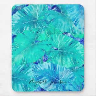 Tropical Blue Leaf Pattern Mouse Mat