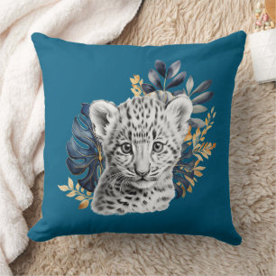 Tropical Blue Leaves Leopard Giraffe Cushion