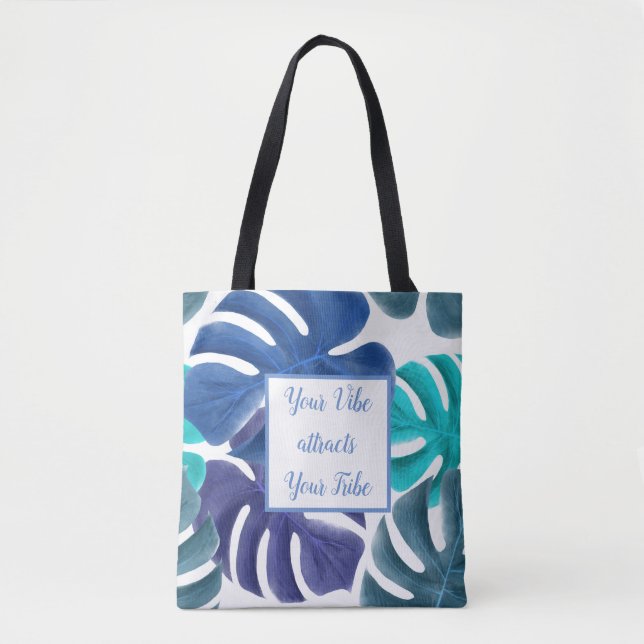 Tropical Blue Leaves Motivational Tote Bag (Front)