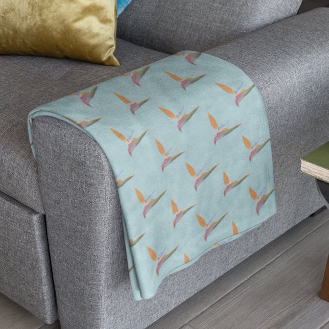 Tropical Blue Modern Bird of Paradise Hand-Drawn Fleece Blanket (Creator Uploaded)