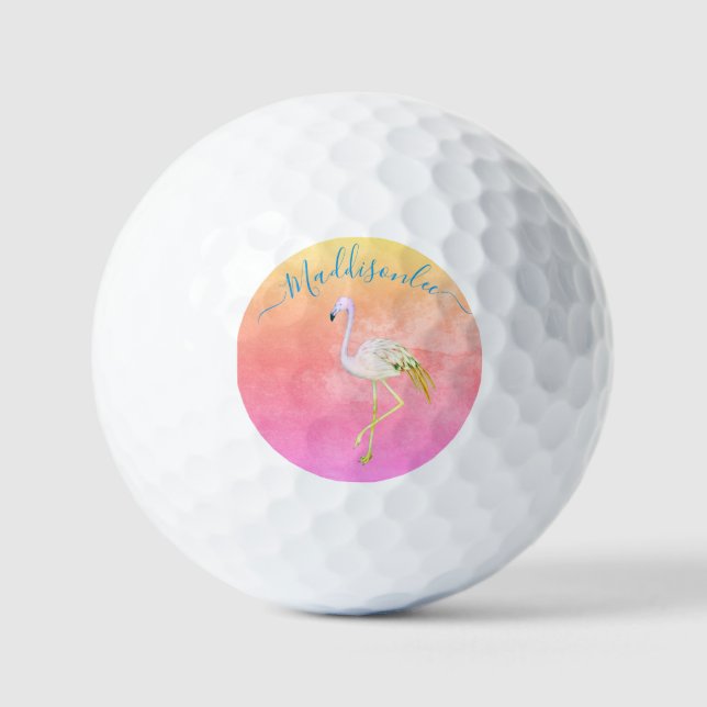 Tropical  Blue Monogram Name Black Pink Flamingo G Golf Balls (Front)