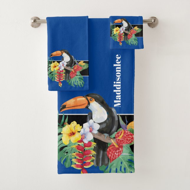Tropical Blue Monogram Name Toucan Bathroom Bath Towel Set (Insitu)